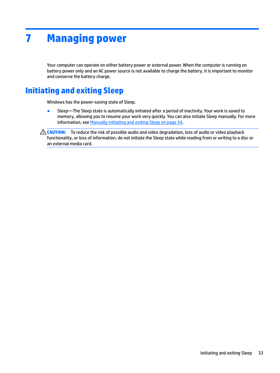 Managing power, Initiating and exiting sleep, 7 managing power | 7managing power | HP Spectre x2 User Manual | Page 41 / 71