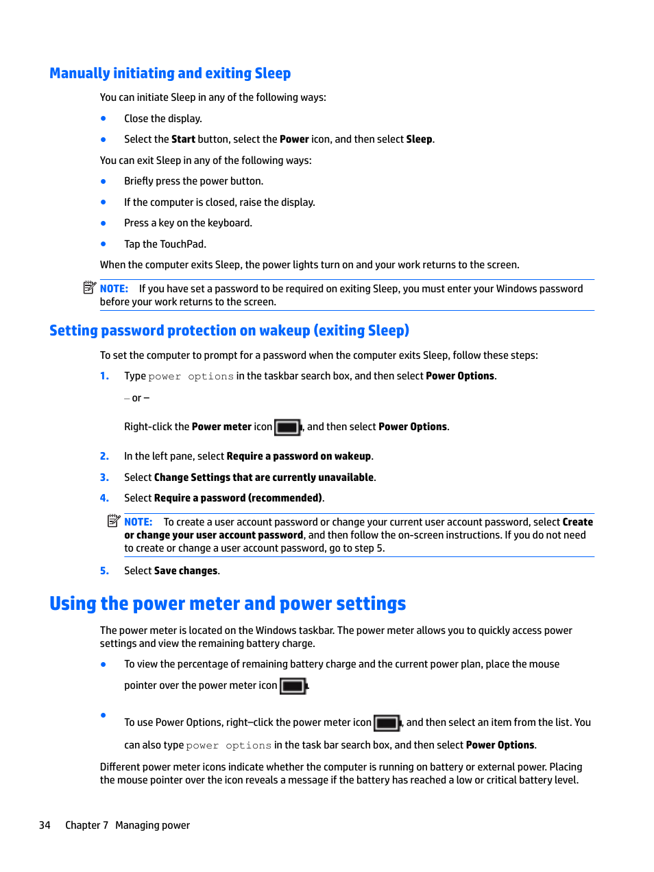 Manually initiating and exiting sleep, Using the power meter and power settings | HP Spectre x2 User Manual | Page 42 / 71