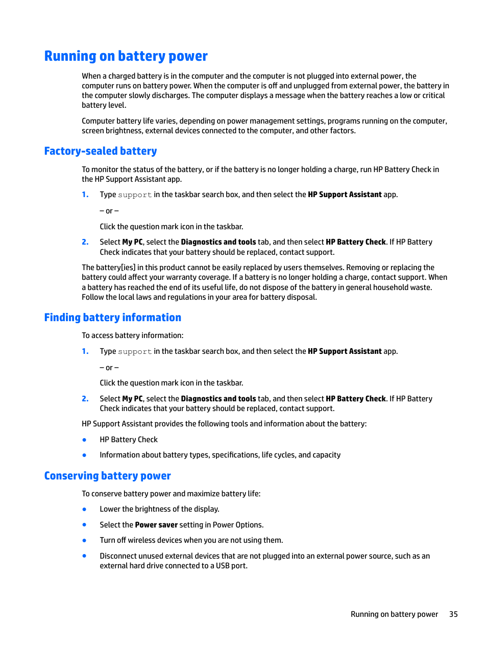 Running on battery power, Factory-sealed battery, Finding battery information | Conserving battery power | HP Spectre x2 User Manual | Page 43 / 71