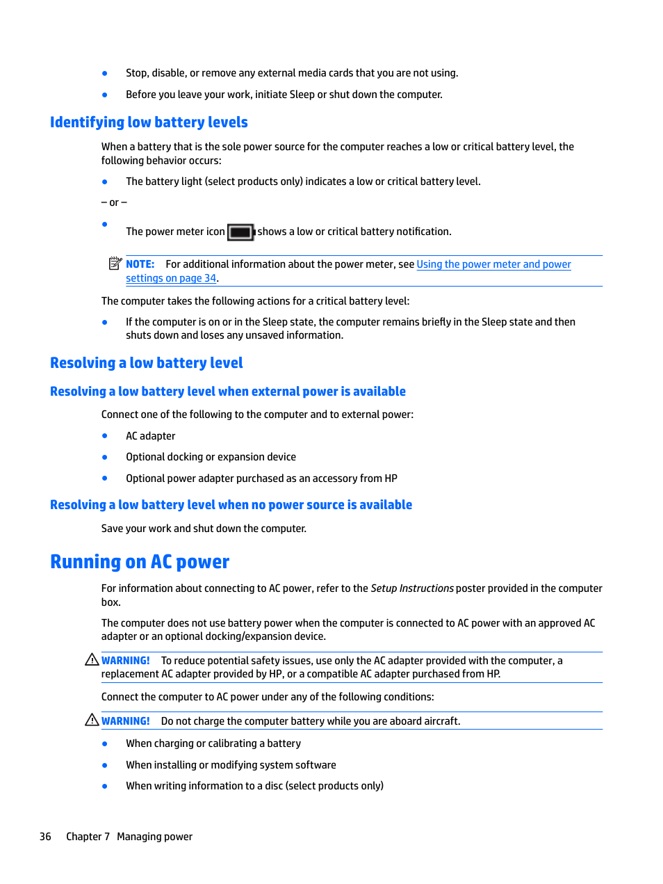 Identifying low battery levels, Resolving a low battery level, Running on ac power | HP Spectre x2 User Manual | Page 44 / 71