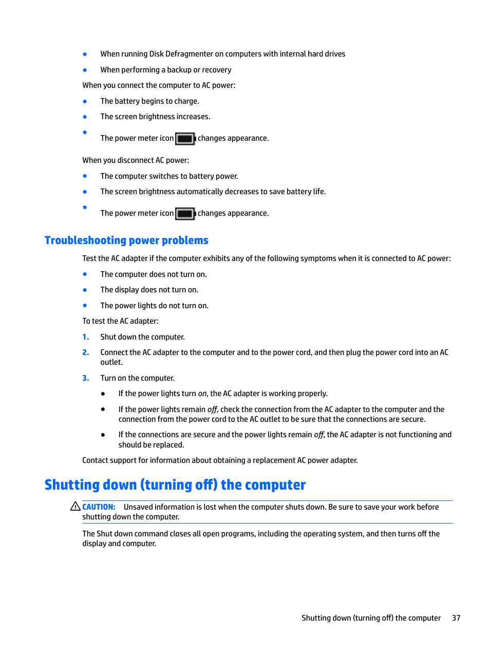 Troubleshooting power problems, Shutting down (turning off) the computer | HP Spectre x2 User Manual | Page 45 / 71