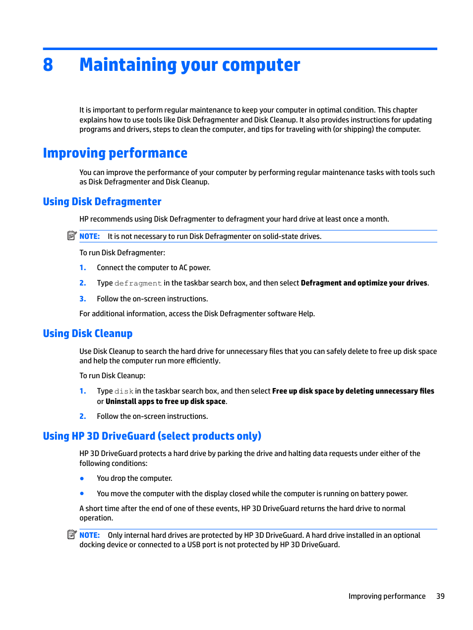 Maintaining your computer, Improving performance, Using disk defragmenter | Using disk cleanup, Using hp 3d driveguard (select products only), 8 maintaining your computer, 8maintaining your computer | HP Spectre x2 User Manual | Page 47 / 71
