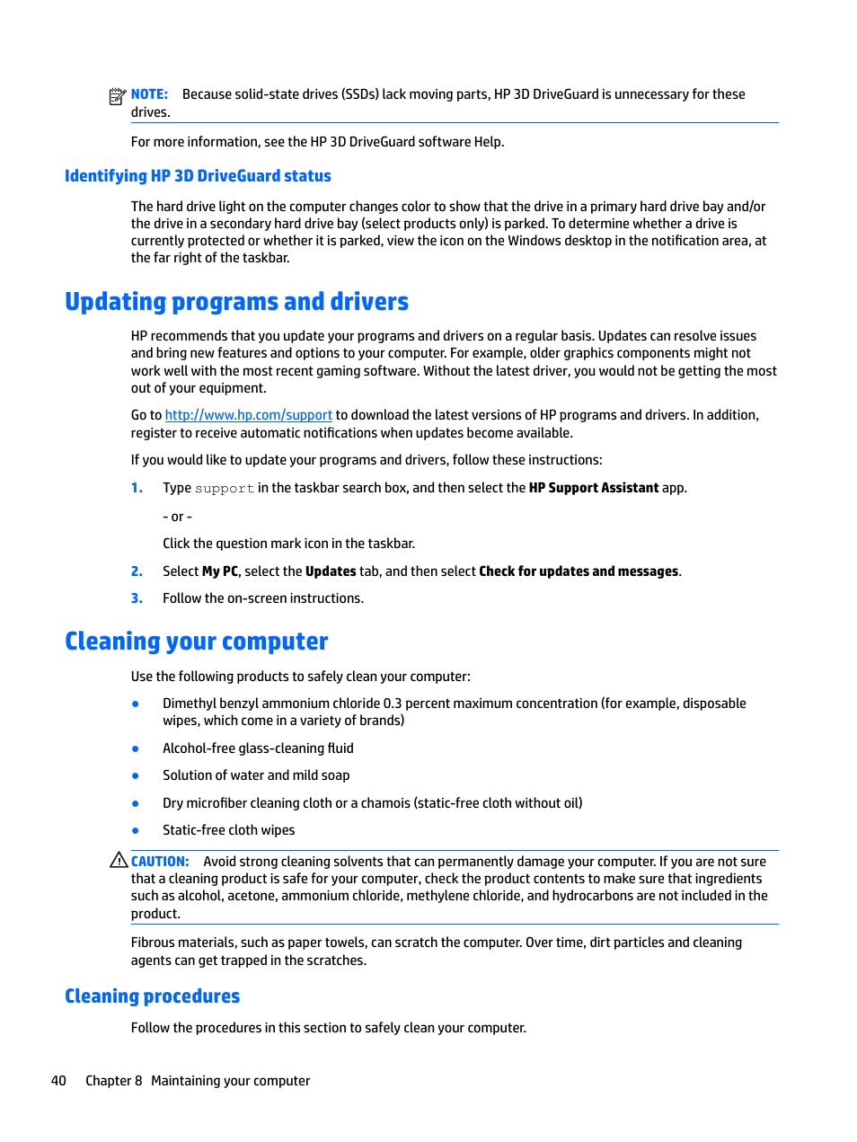 Identifying hp 3d driveguard status, Updating programs and drivers, Cleaning your computer | Cleaning procedures | HP Spectre x2 User Manual | Page 48 / 71