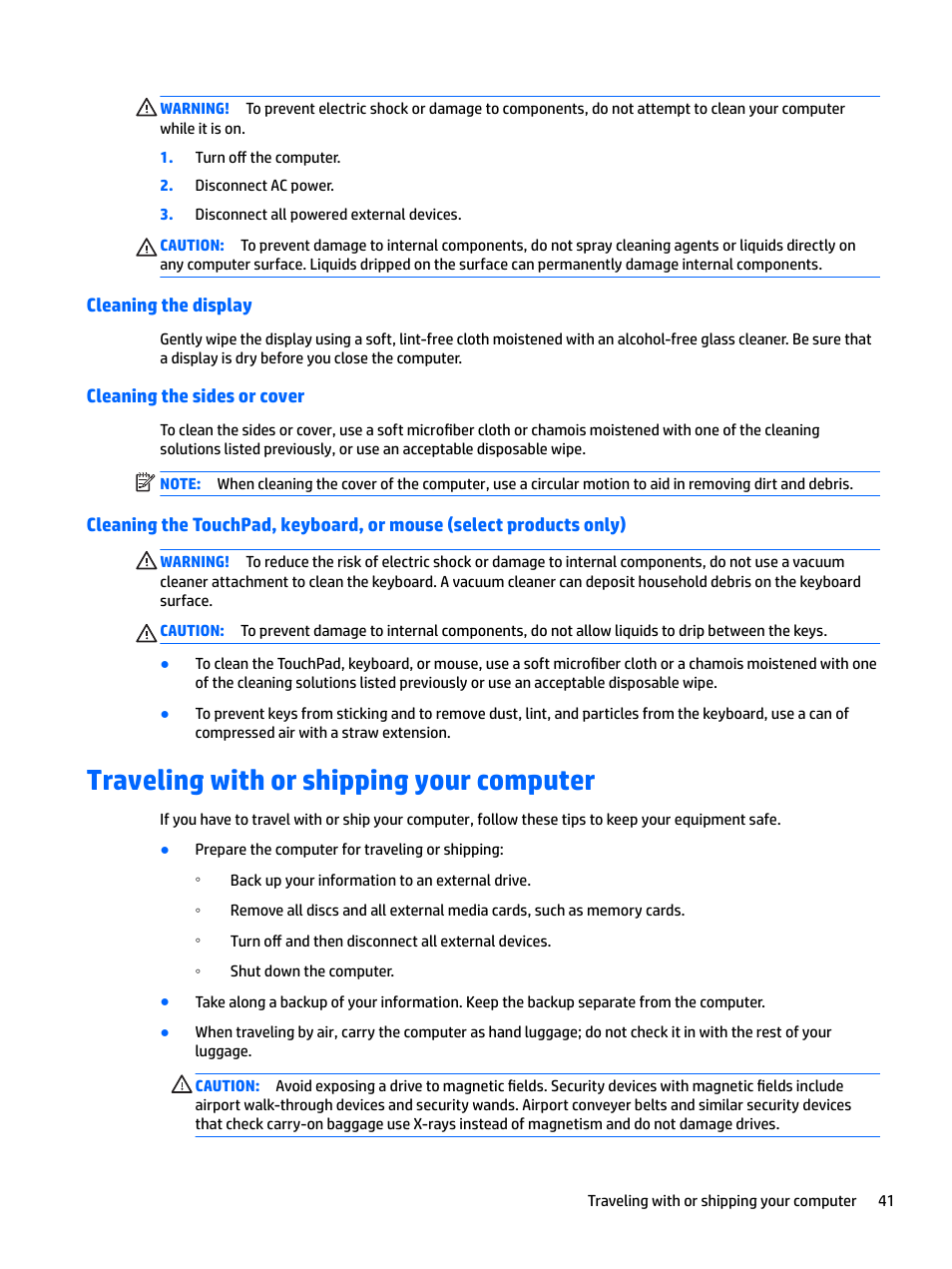 Cleaning the display, Cleaning the sides or cover, Traveling with or shipping your computer | HP Spectre x2 User Manual | Page 49 / 71
