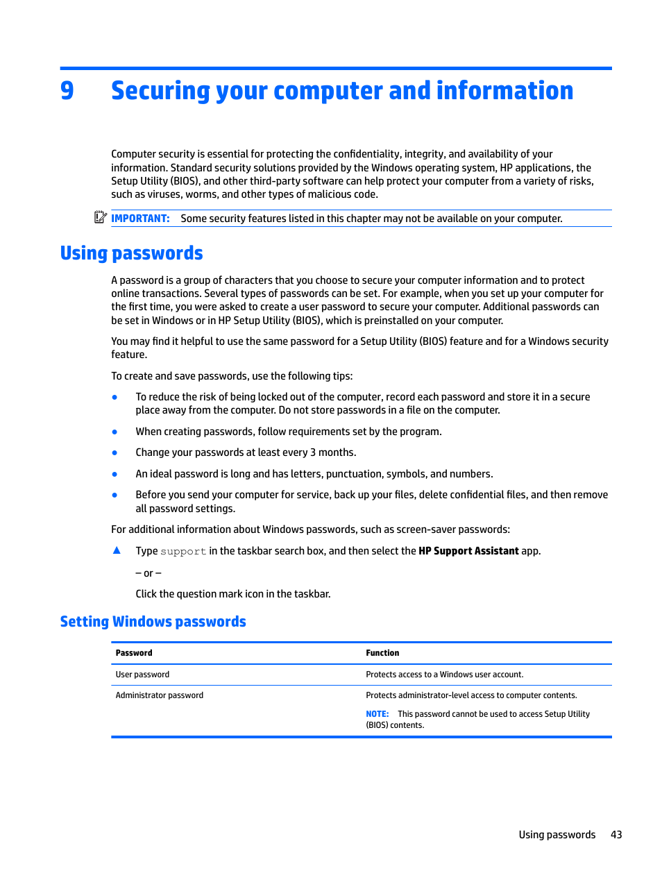 Securing your computer and information, Using passwords, Setting windows passwords | 9 securing your computer and information, 9securing your computer and information | HP Spectre x2 User Manual | Page 51 / 71