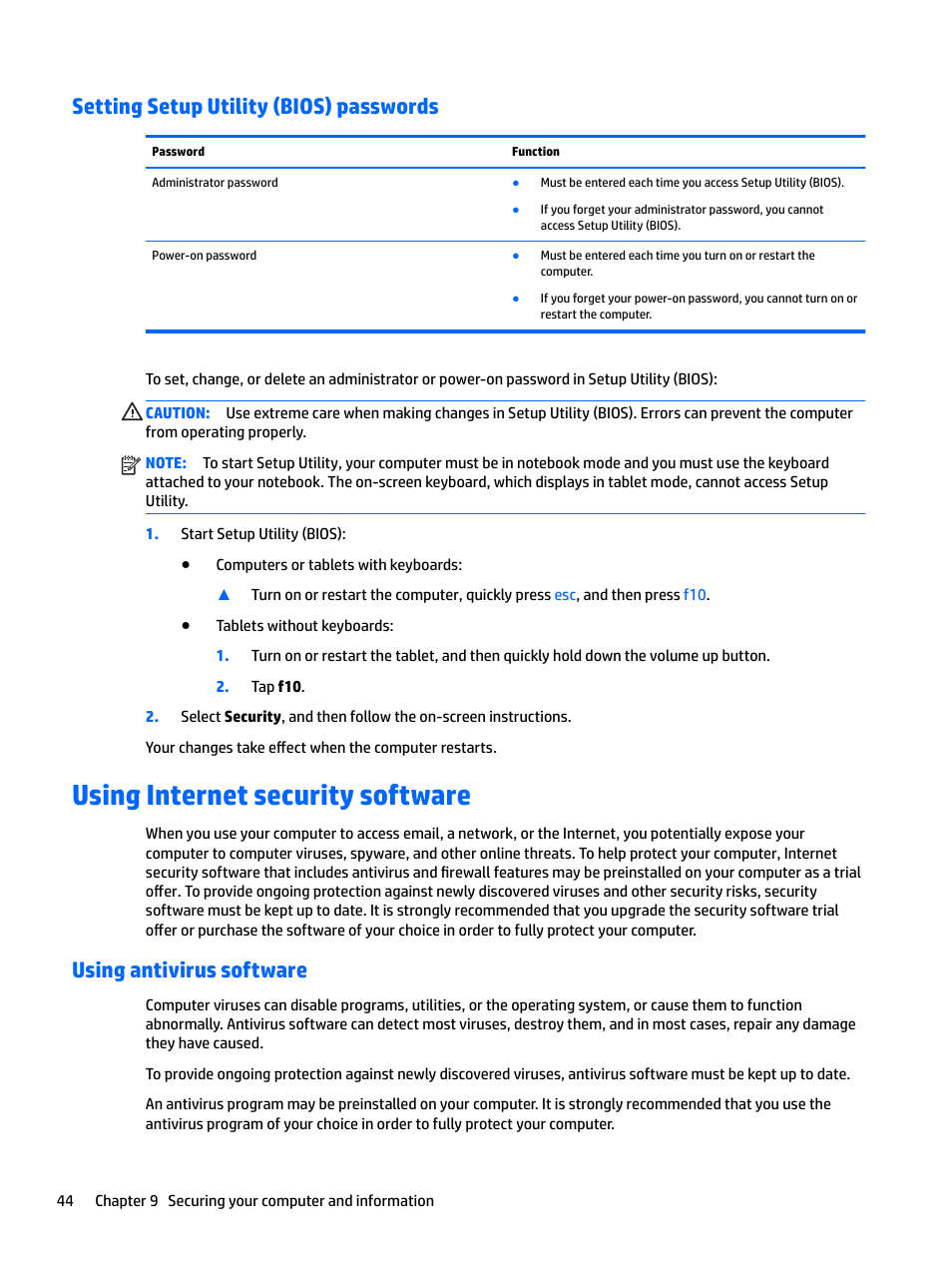 Setting setup utility (bios) passwords, Using internet security software, Using antivirus software | HP Spectre x2 User Manual | Page 52 / 71