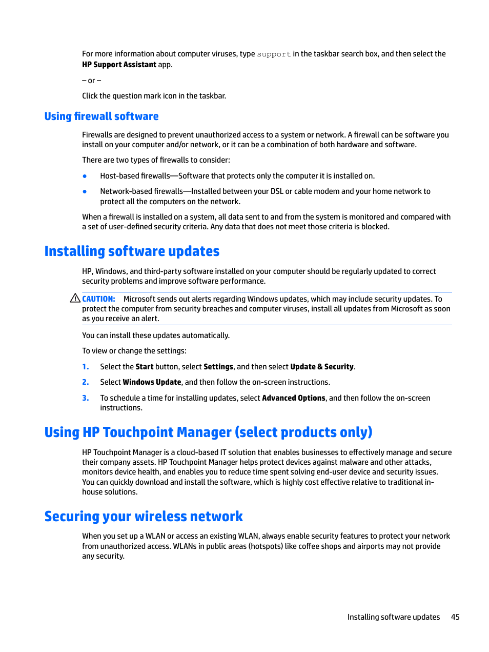 Using firewall software, Installing software updates, Using hp touchpoint manager (select products only) | Securing your wireless network | HP Spectre x2 User Manual | Page 53 / 71