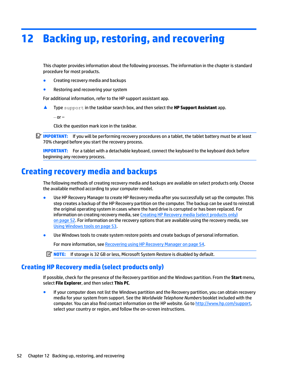 Backing up, restoring, and recovering, Creating recovery media and backups, Creating hp recovery media (select products only) | 12 backing up, restoring, and recovering | HP Spectre x2 User Manual | Page 60 / 71