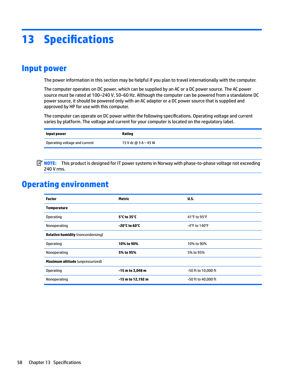 Specifications, Input power, Operating environment | 13 specifications, Input power operating environment | HP Spectre x2 User Manual | Page 66 / 71