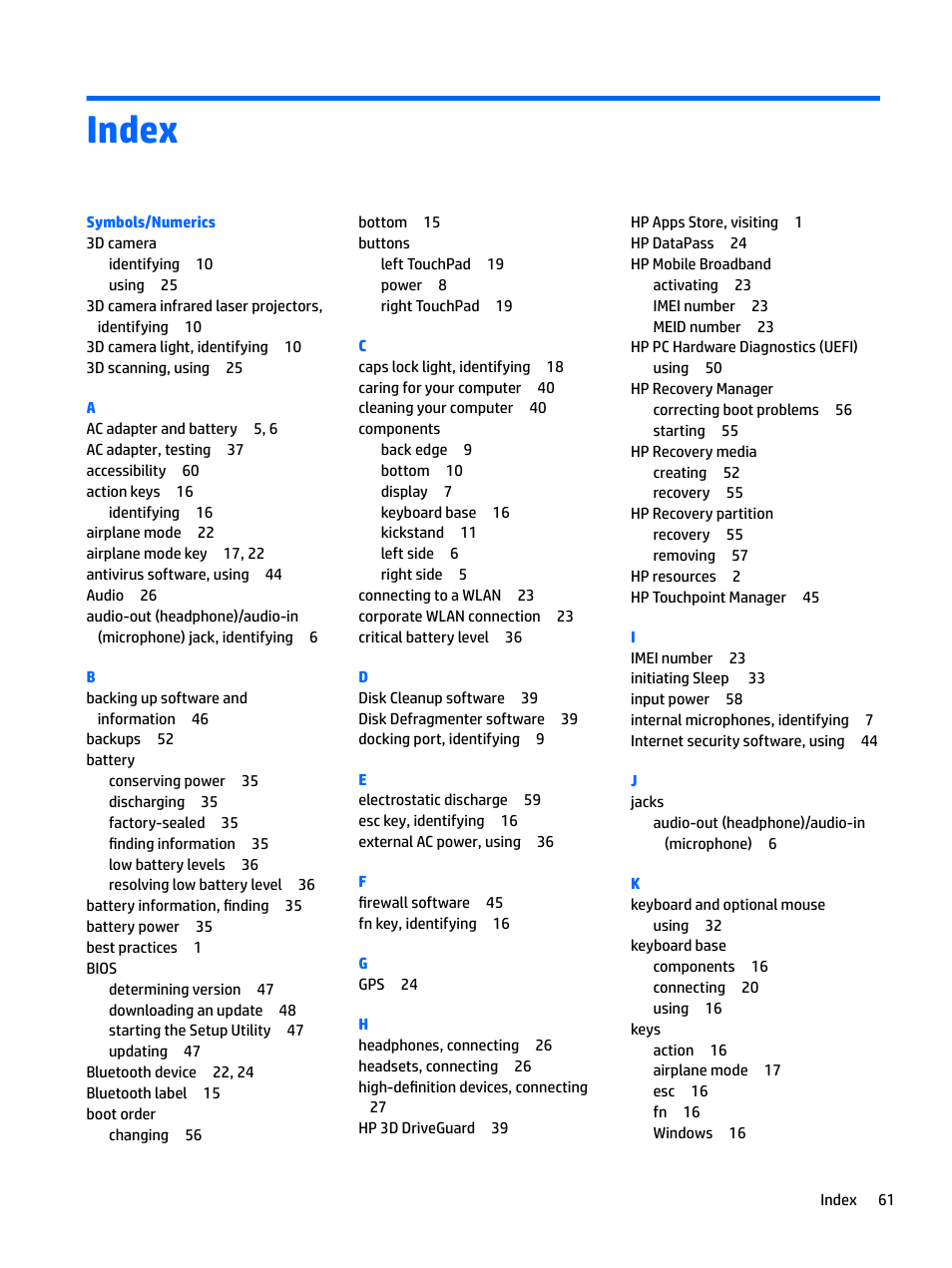 Index | HP Spectre x2 User Manual | Page 69 / 71