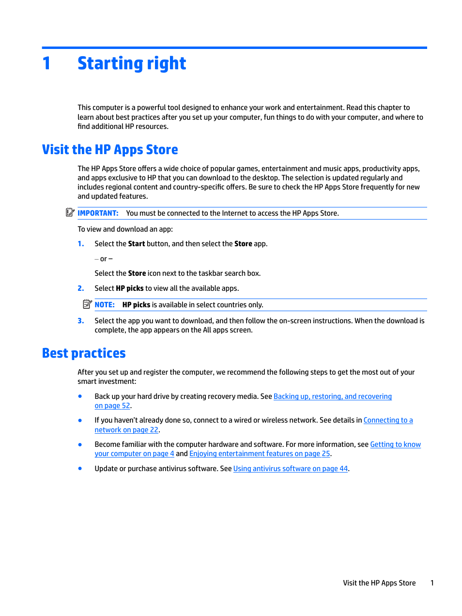 Starting right, Visit the hp apps store, Best practices | 1 starting right, Visit the hp apps store best practices, 1starting right | HP Spectre x2 User Manual | Page 9 / 71