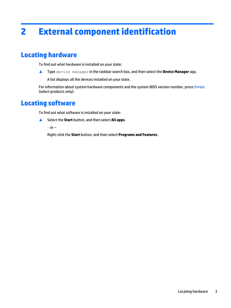 External component identification, Locating hardware, Locating software | 2 external component identification, Locating hardware locating software, 2external component identification | HP Spectre x2 User Manual | Page 13 / 71