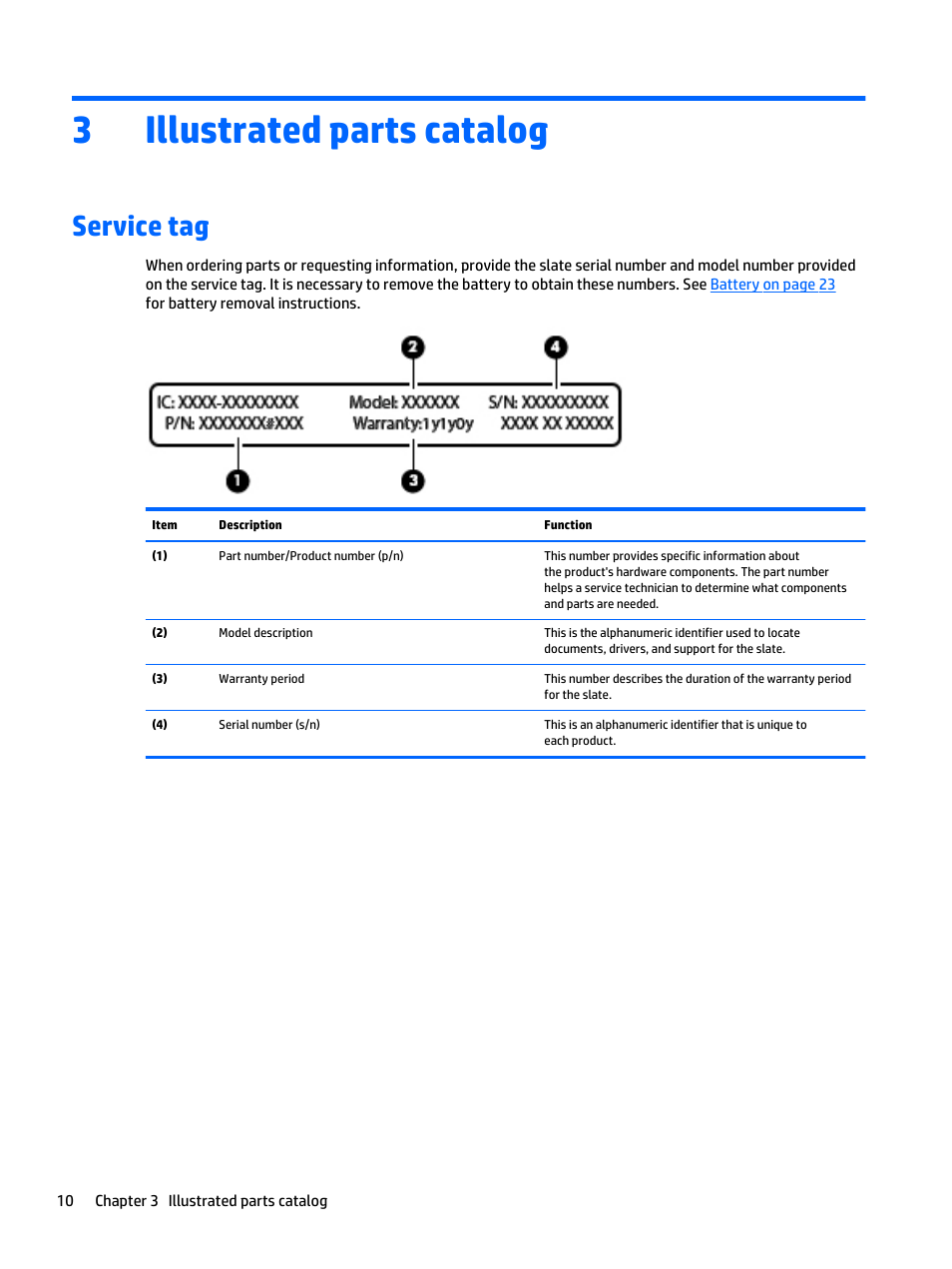 Illustrated parts catalog, Service tag, 3 illustrated parts catalog | 3illustrated parts catalog | HP Spectre x2 User Manual | Page 20 / 71