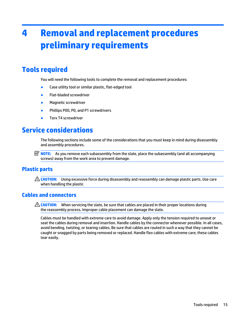 Tools required, Service considerations, Plastic parts | Cables and connectors, Tools required service considerations, Plastic parts cables and connectors | HP Spectre x2 User Manual | Page 25 / 71