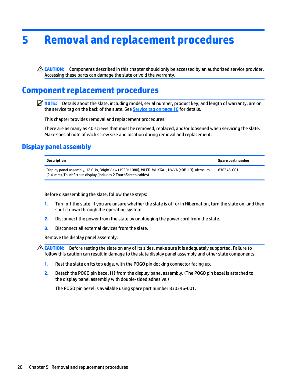 Removal and replacement procedures, Component replacement procedures, Display panel assembly | 5 removal and replacement procedures, 5removal and replacement procedures | HP Spectre x2 User Manual | Page 30 / 71