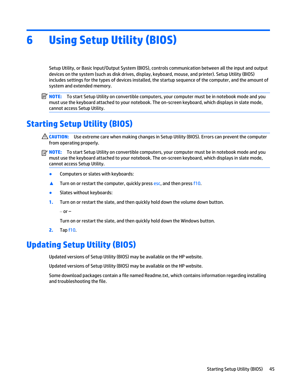 Using setup utility (bios), Starting setup utility (bios), Updating setup utility (bios) | 6 using setup utility (bios), 6using setup utility (bios) | HP Spectre x2 User Manual | Page 55 / 71