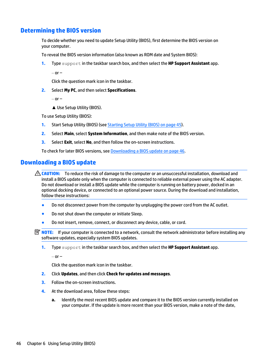 Determining the bios version, Downloading a bios update | HP Spectre x2 User Manual | Page 56 / 71