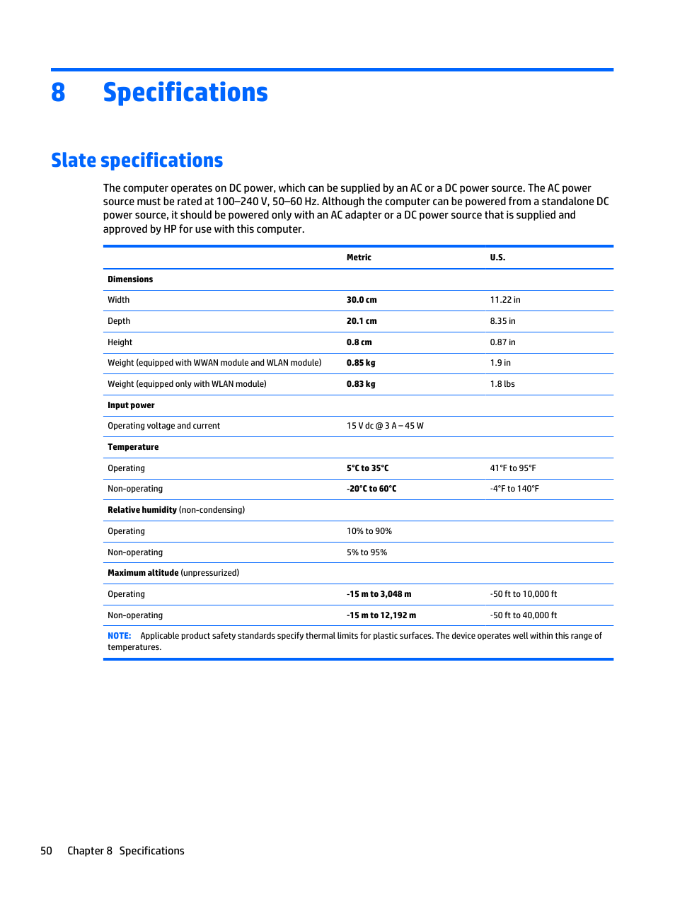 Specifications, Slate specifications, 8 specifications | 8specifications | HP Spectre x2 User Manual | Page 60 / 71