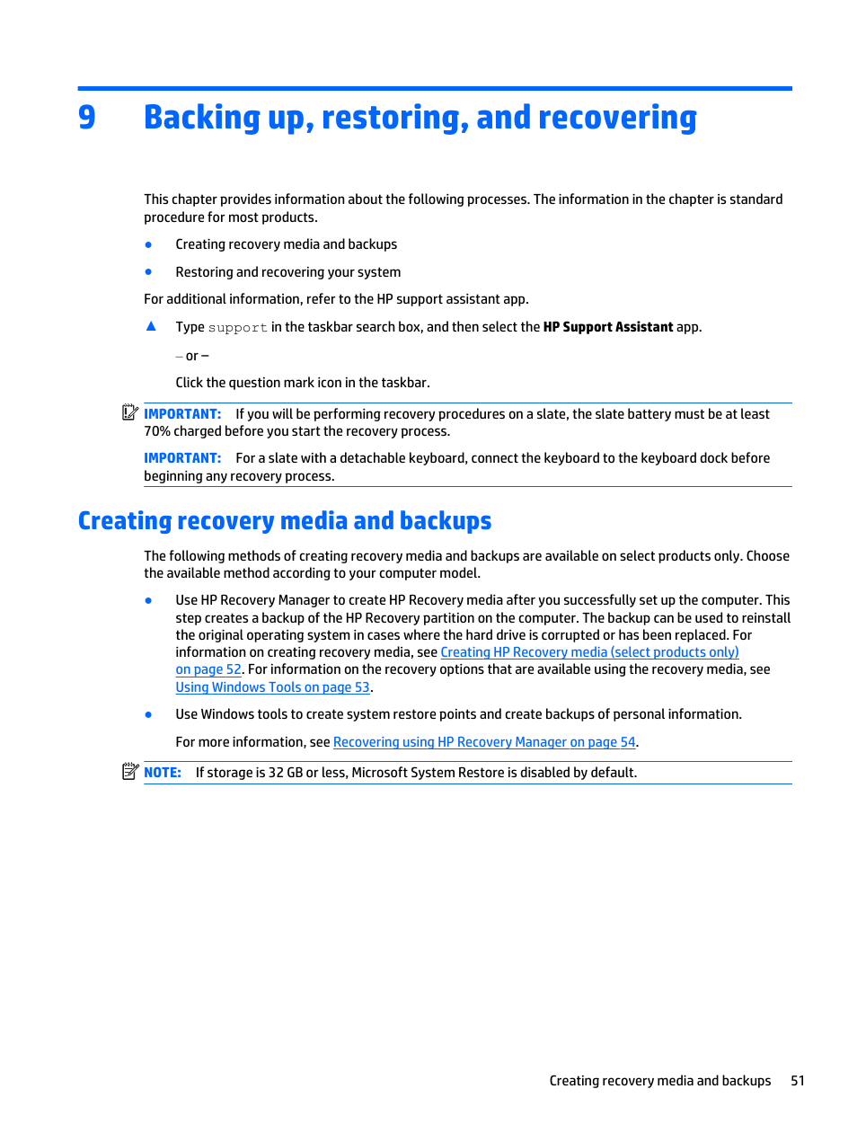 Backing up, restoring, and recovering, Creating recovery media and backups, 9 backing up, restoring, and recovering | 9backing up, restoring, and recovering | HP Spectre x2 User Manual | Page 61 / 71