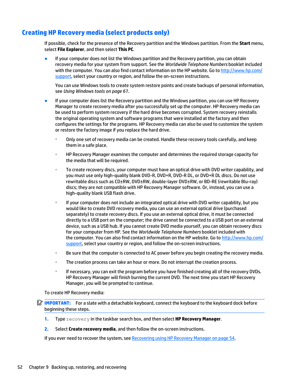Creating hp recovery media (select products only), Information on creating recovery media, see | HP Spectre x2 User Manual | Page 62 / 71