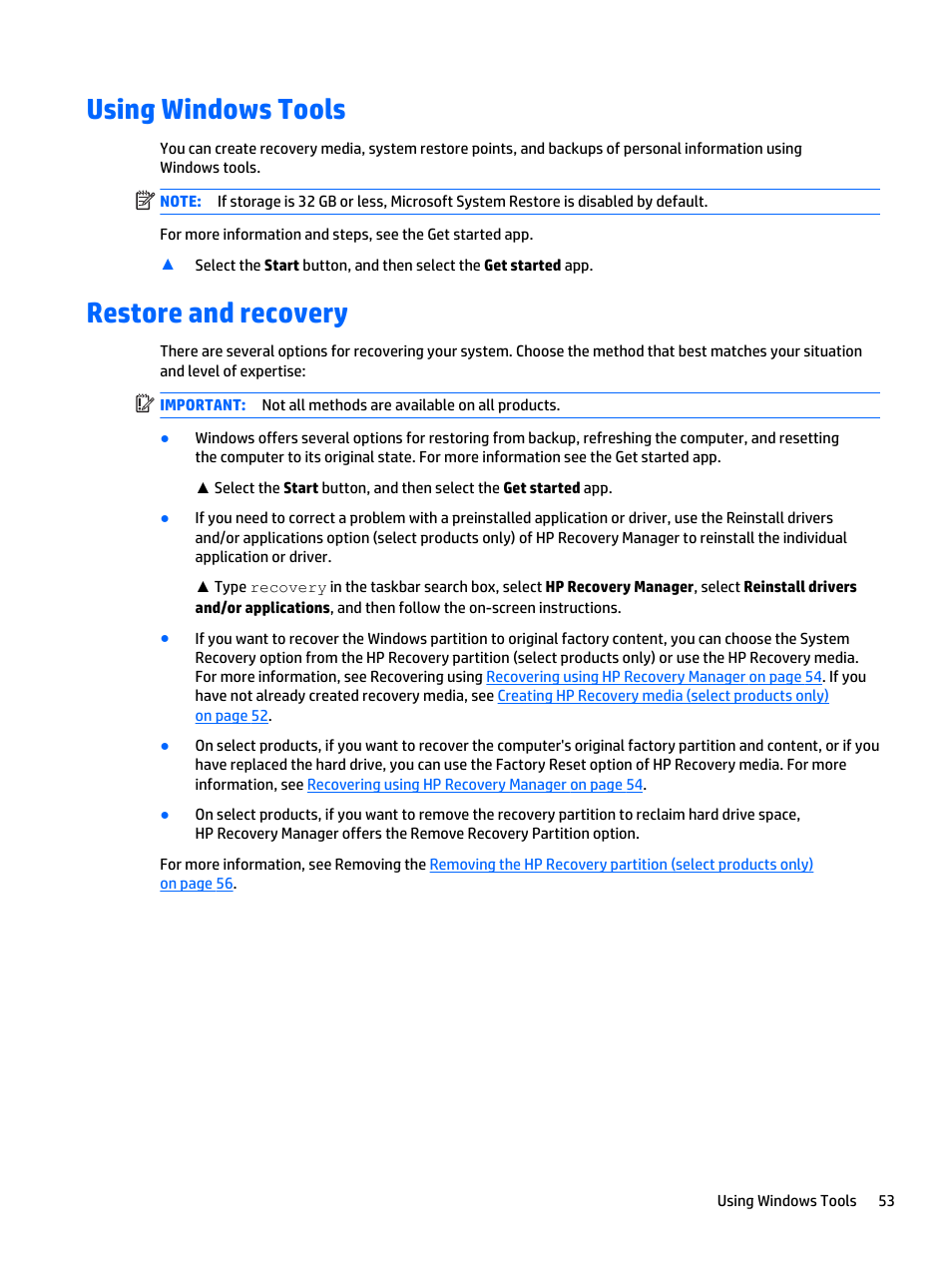 Using windows tools, Restore and recovery, Using windows tools restore and recovery | HP Spectre x2 User Manual | Page 63 / 71