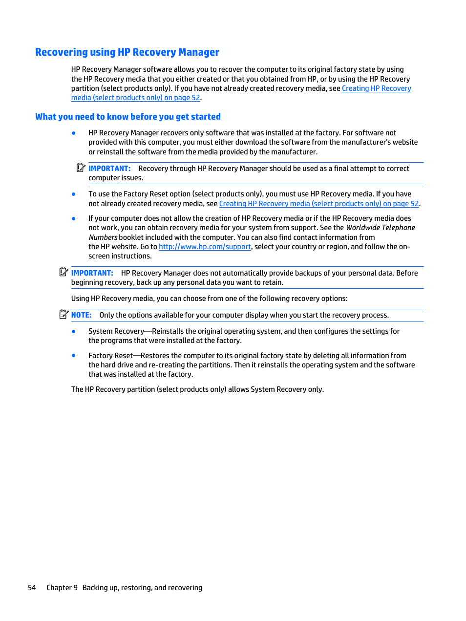 Recovering using hp recovery manager, What you need to know before you get started, For more information, see recovering using | If you | HP Spectre x2 User Manual | Page 64 / 71