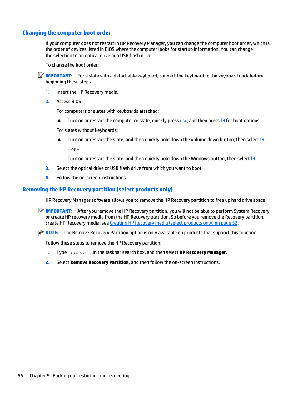 Changing the computer boot order, For more information, see removing the | HP Spectre x2 User Manual | Page 66 / 71