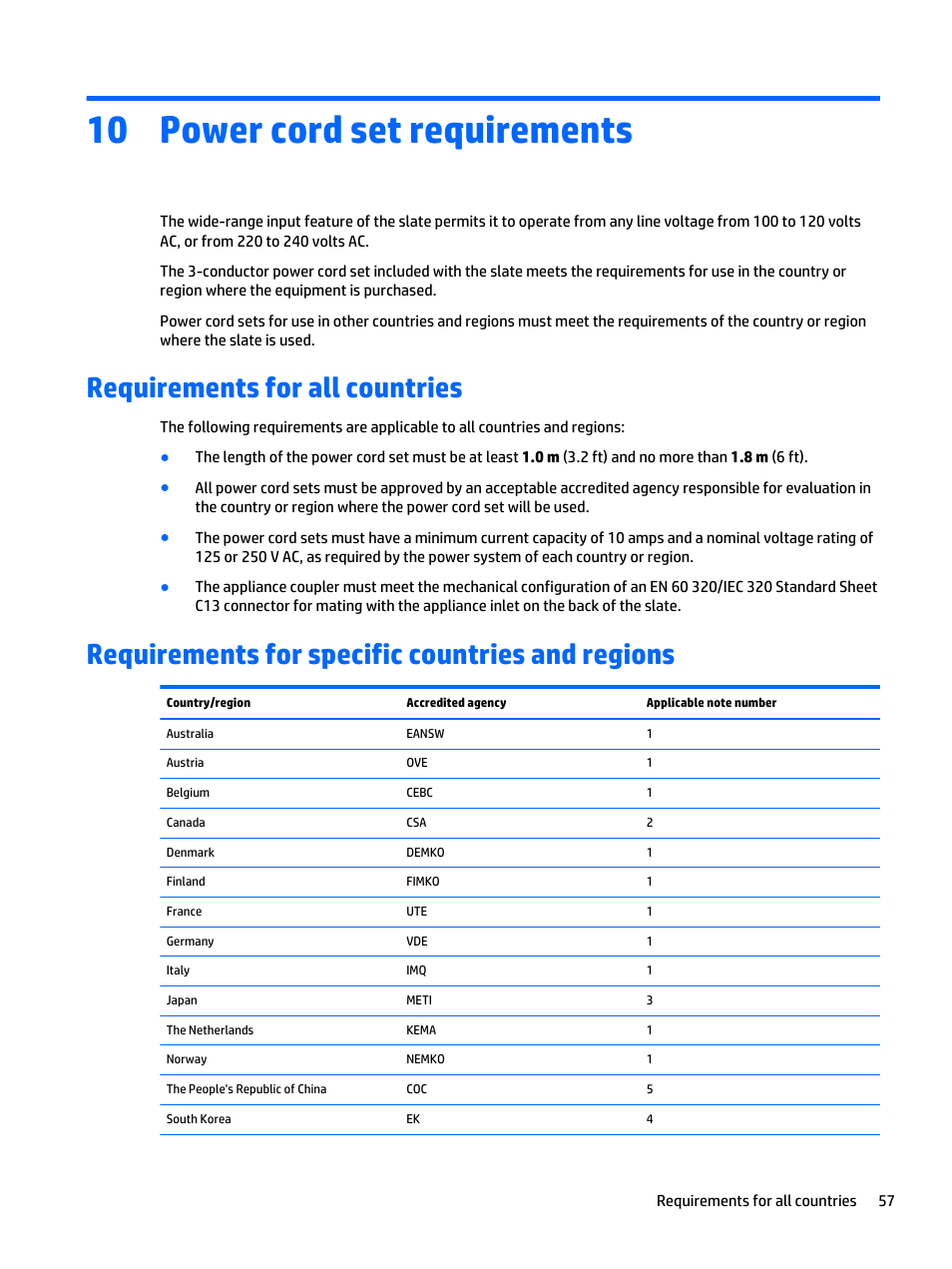 Power cord set requirements, Requirements for all countries, Requirements for specific countries and regions | 10 power cord set requirements | HP Spectre x2 User Manual | Page 67 / 71