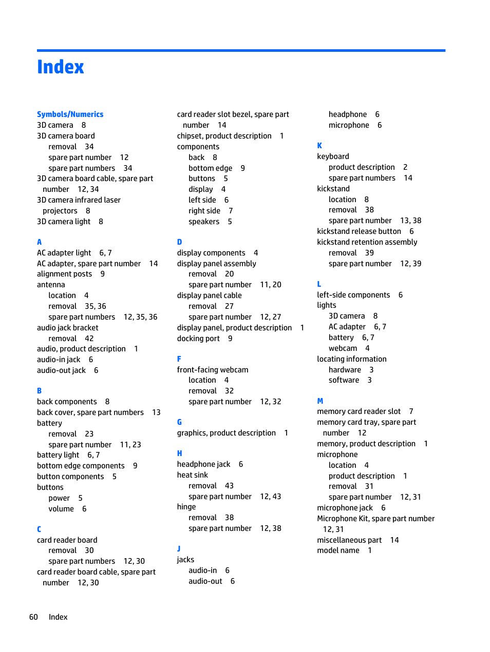 Index | HP Spectre x2 User Manual | Page 70 / 71