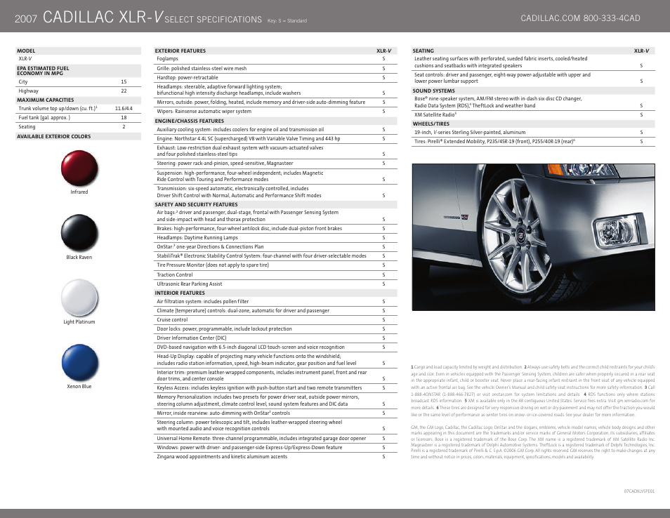 Cadillac xlr- v, Select specifications | Cadillac XLR-V User Manual | Page 2 / 2