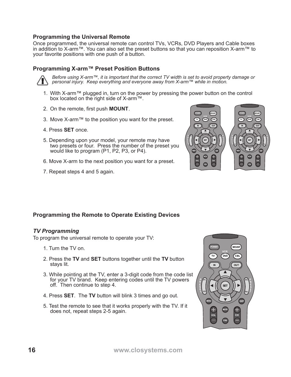 Programming the universal remote, Programming x-arm™ preset position buttons | WallWizard X700CB Manual User Manual | Page 16 / 28