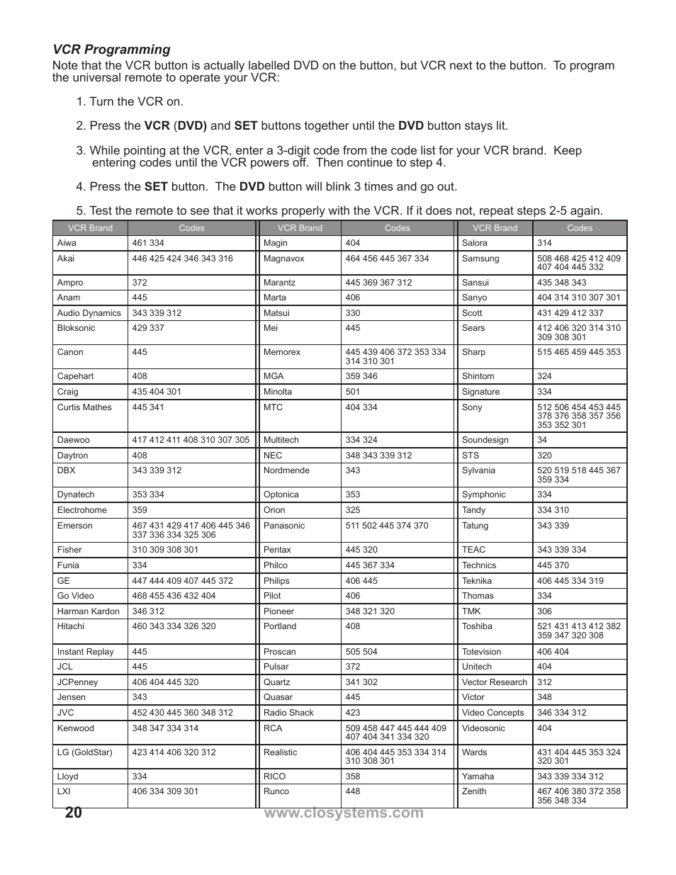 Vcr programming | WallWizard X700CB Manual User Manual | Page 20 / 28