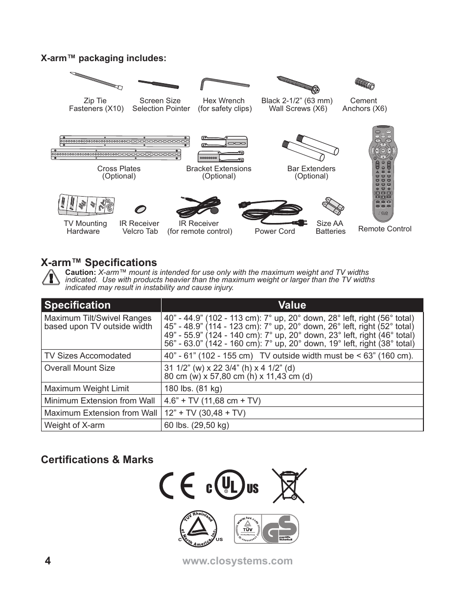 C us, X-arm™ specifications, Specification value | Certifications & marks, X-arm™ packaging includes | WallWizard X700CB Manual User Manual | Page 4 / 28