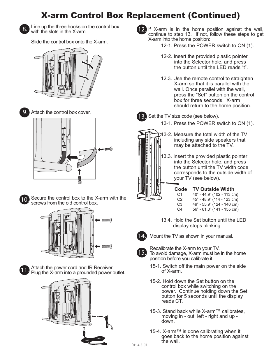 X-arm control box replacement p 2.pdf, X-arm control box replacement (continued), Attach the control box cover | Set the tv size code (see below) | WallWizard X700CB Control Box Replacement User Manual | Page 2 / 2