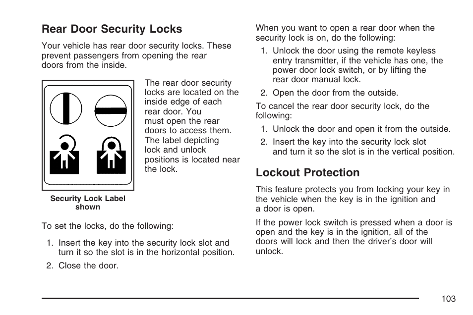 Rear door security locks, Lockout protection, Rear door security locks lockout protection | Cadillac 2007 Escalade EXT User Manual | Page 103 / 580