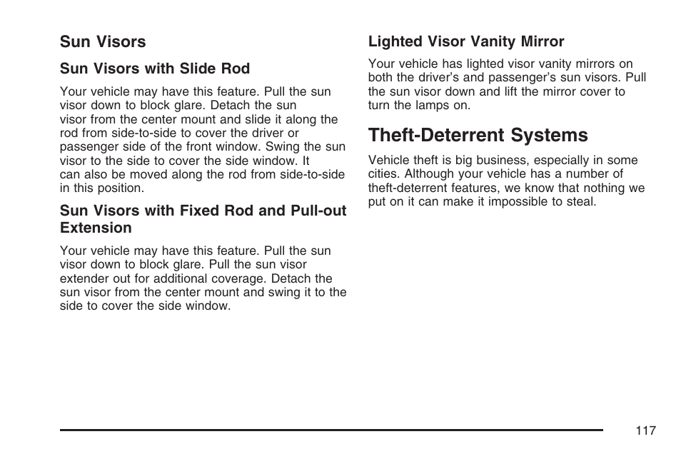 Sun visors, Theft-deterrent systems | Cadillac 2007 Escalade EXT User Manual | Page 117 / 580