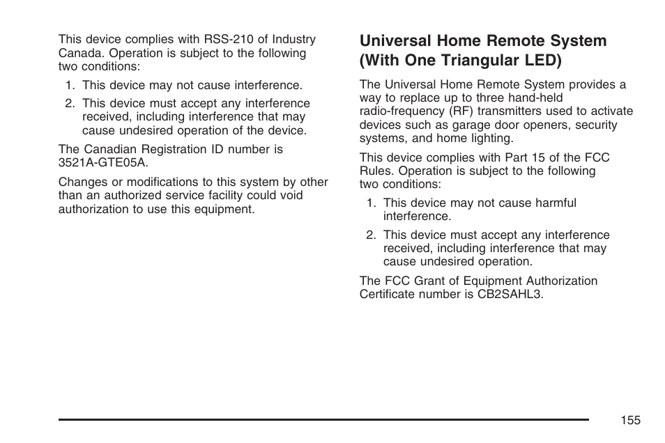 Universal home remote system, With one triangular led) | Cadillac 2007 Escalade EXT User Manual | Page 155 / 580