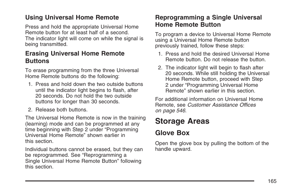 Storage areas, Glove box | Cadillac 2007 Escalade EXT User Manual | Page 165 / 580