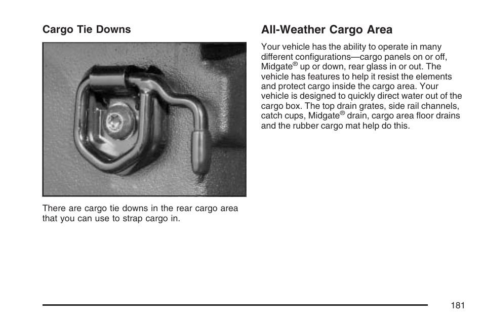 All-weather cargo area, Cargo tie downs | Cadillac 2007 Escalade EXT User Manual | Page 181 / 580