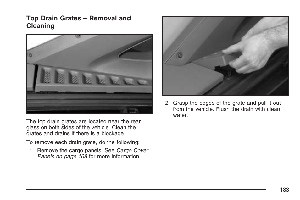 Top drain grates – removal and cleaning | Cadillac 2007 Escalade EXT User Manual | Page 183 / 580