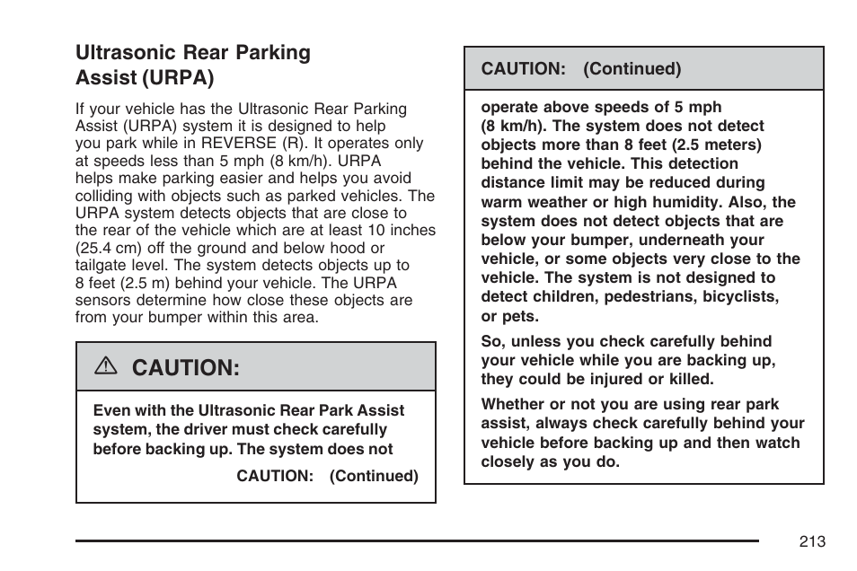 Ultrasonic rear parking assist (urpa), Caution | Cadillac 2007 Escalade EXT User Manual | Page 213 / 580