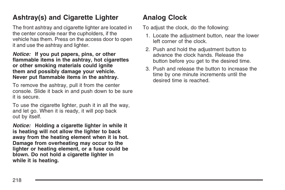 Ashtray(s) and cigarette lighter, Analog clock, Ashtray(s) and cigarette lighter analog clock | Cadillac 2007 Escalade EXT User Manual | Page 218 / 580