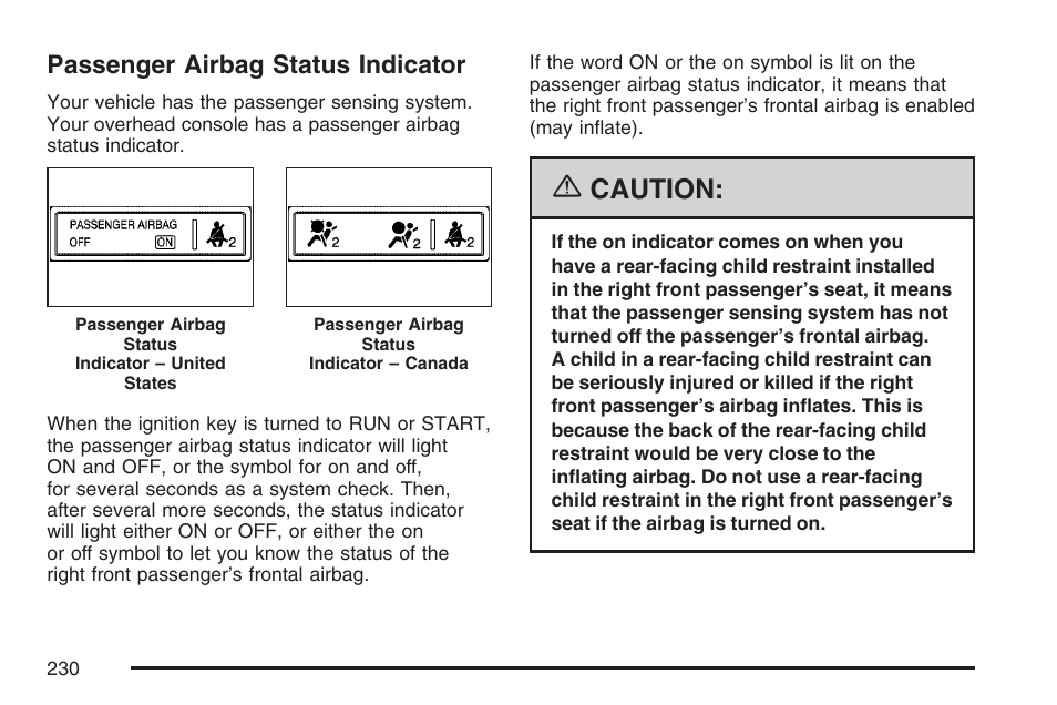 Passenger airbag status indicator, Caution | Cadillac 2007 Escalade EXT User Manual | Page 230 / 580