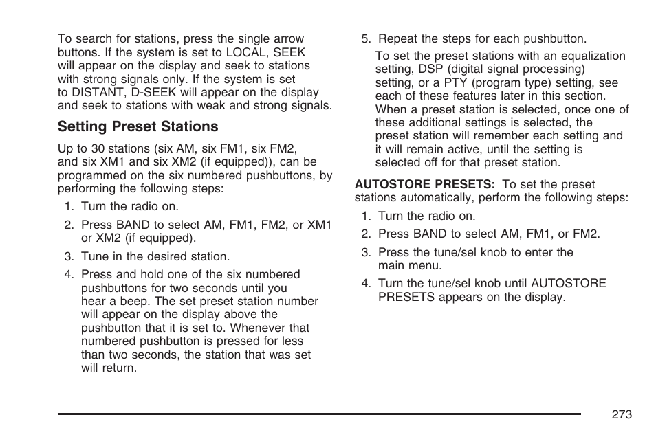 Setting preset stations | Cadillac 2007 Escalade EXT User Manual | Page 273 / 580