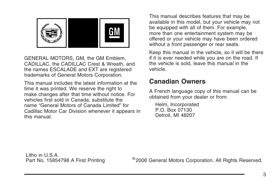 Canadian owners | Cadillac 2007 Escalade EXT User Manual | Page 3 / 580