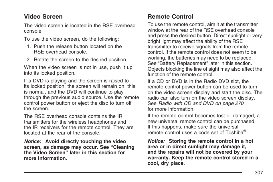 Video screen, Remote control | Cadillac 2007 Escalade EXT User Manual | Page 307 / 580