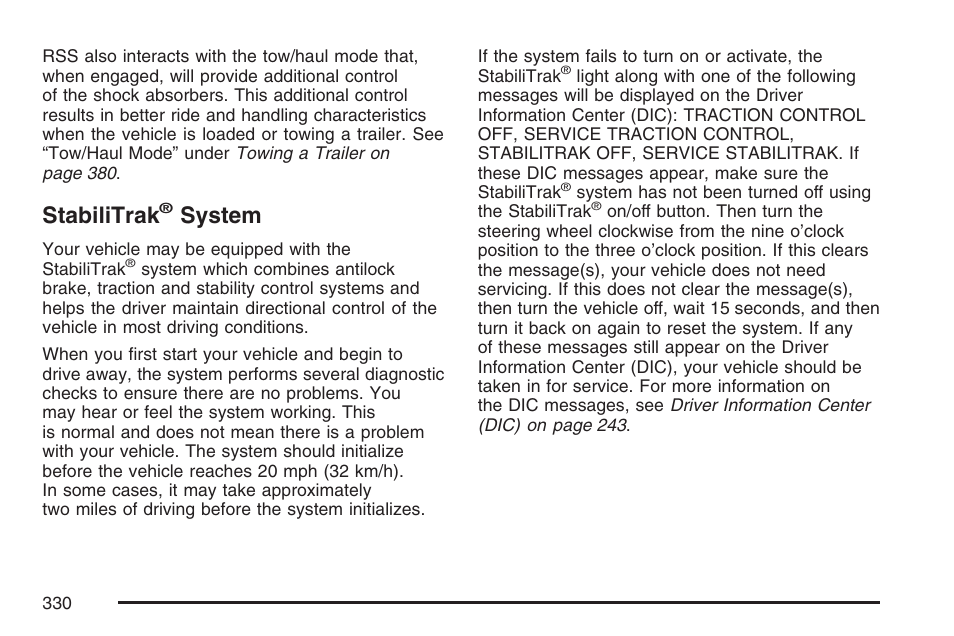 Stabilitrak® system, Stabilitrak, System | Cadillac 2007 Escalade EXT User Manual | Page 330 / 580