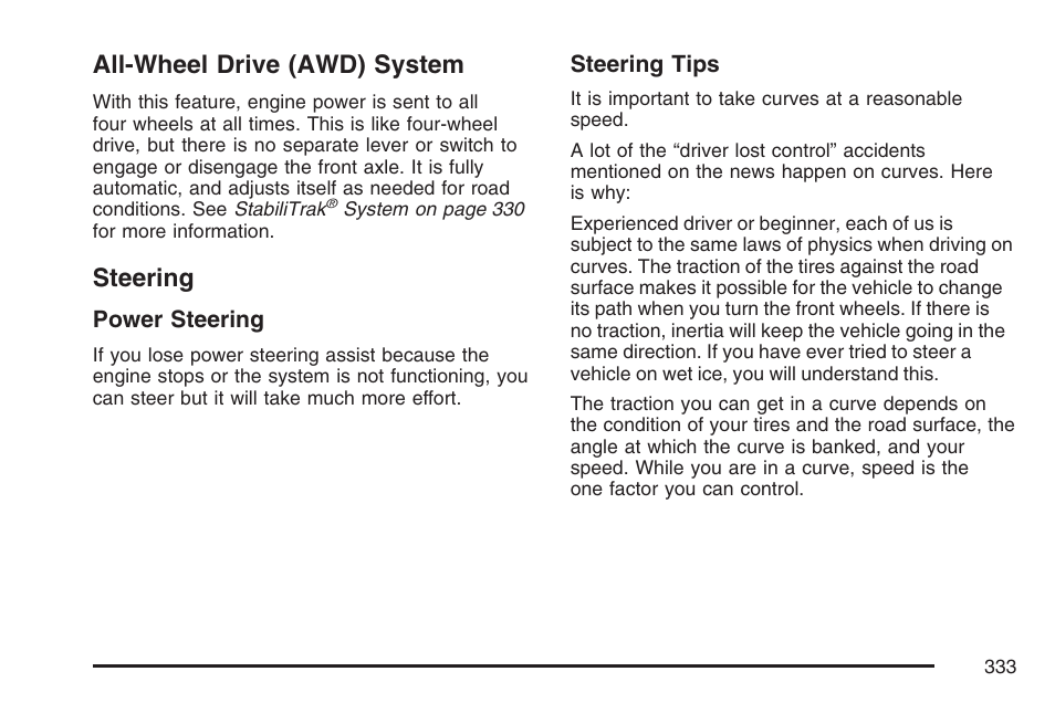 All-wheel drive (awd) system, Steering, All-wheel drive (awd) system steering | Cadillac 2007 Escalade EXT User Manual | Page 333 / 580