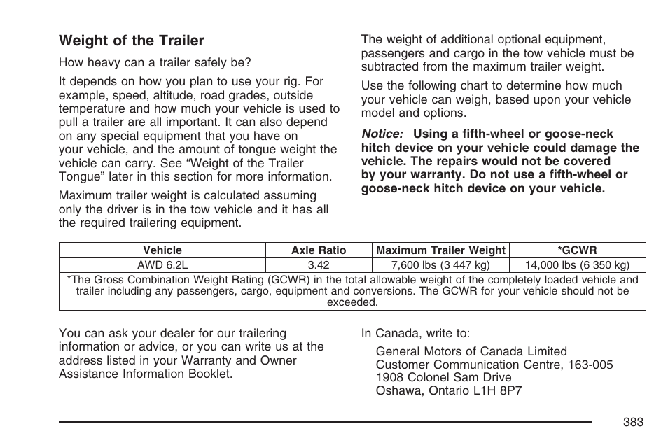 Weight of the trailer | Cadillac 2007 Escalade EXT User Manual | Page 383 / 580