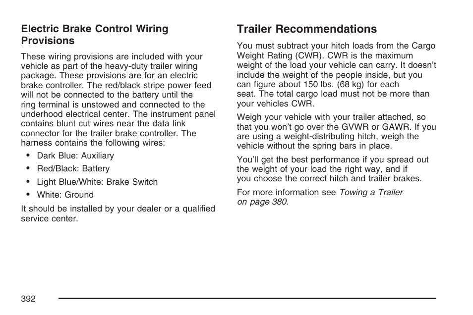 Trailer recommendations | Cadillac 2007 Escalade EXT User Manual | Page 392 / 580